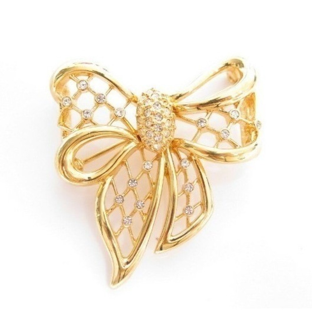 Vintage Sparkly‎ Clear Rhinestone Filigree Gold Plated Bow Pin Brooch